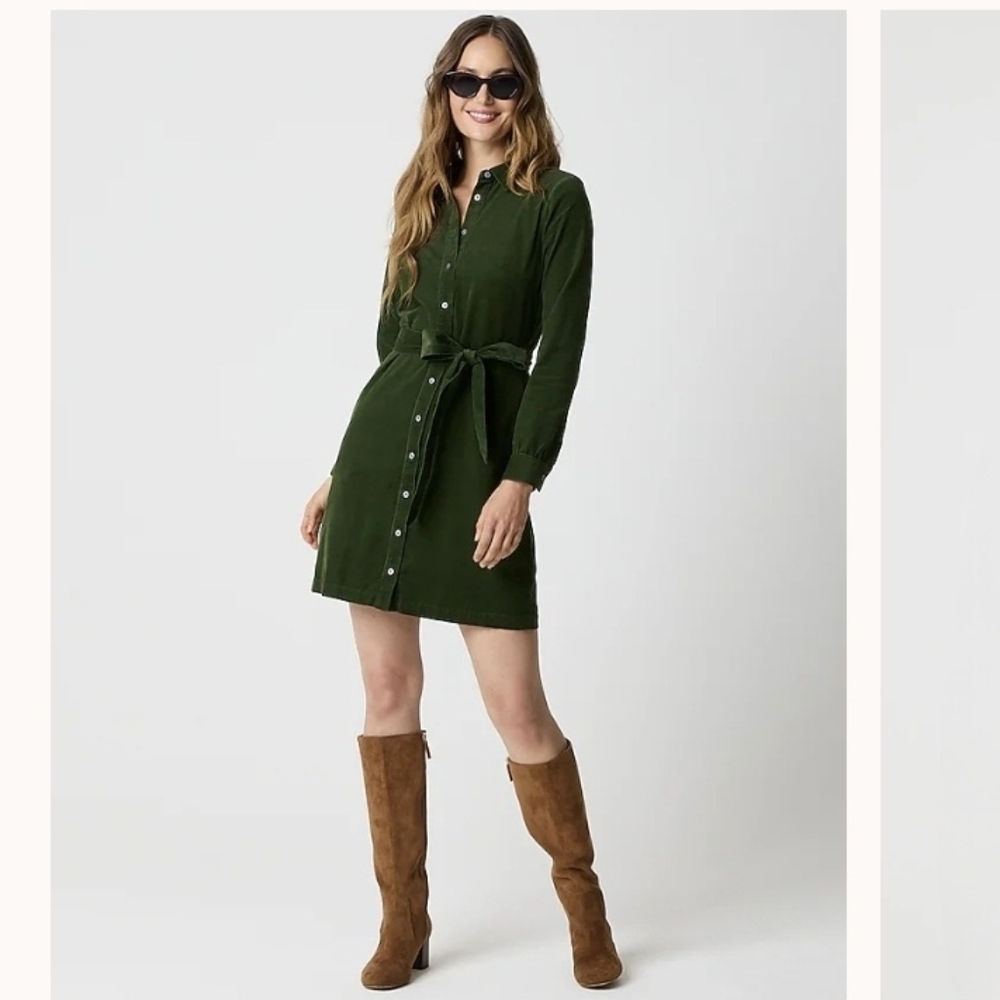 J.Crew Pine Green Corduroy Shirt Dress Belted Long Sleeve NWT Size 2 - Picture 1 of 17